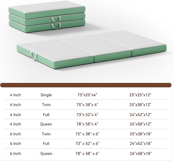 Memory Foam Trifold Mattress, Full Portable Floor Bed 4 Inch, Foldable Mat with Washable Cover, Handle & Non-Slip Bottom, for RV, Travel, Camping, Yoga, 73"x52"x4", White Green