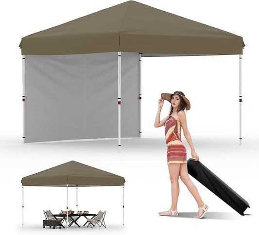 10x10 Pop Up Canopy Tent Outdoor Canopy with 1 Removable Sidewall One-Person Set Up Heavy Duty Commercial Instant Tent Shelter-Brown