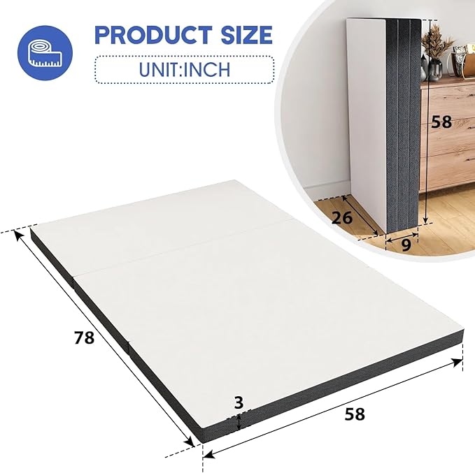 Tri-Fold Memory Foam Mattress Topper - Portable 3 Inch Queen Size Folding Mattress for Camping, Guest, and Floor RV - Washable Cover, Non-Slip Bottom - CertiPUR-US Certified