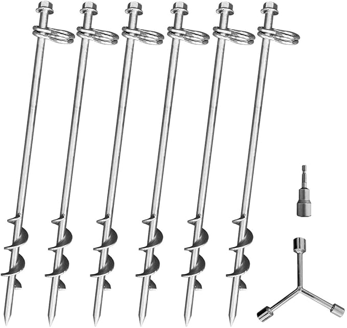 Ground Anchors Screw in - 16 Inch Set of 6 - Tent Stakes Heavy Duty Double Arbitrary Direction Galvanized Kits for Swing and Trampoline Set High Wind Solid Metal Hex Head Dog Tie Out Stake (6)