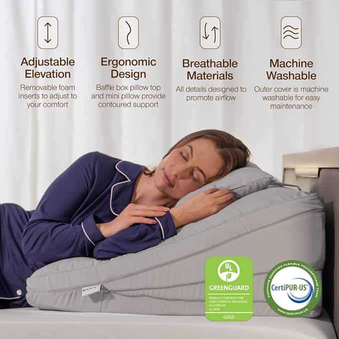 Coop Home Goods Adjustable Wedge Pillow, Ergonomic Memory Foam Pillow for Elevated Leg & Back Support, Pregnancy, Acid Reflux, Sleep Comfort & Recovery, CertiPUR-US & GreenGuard Gold Certified