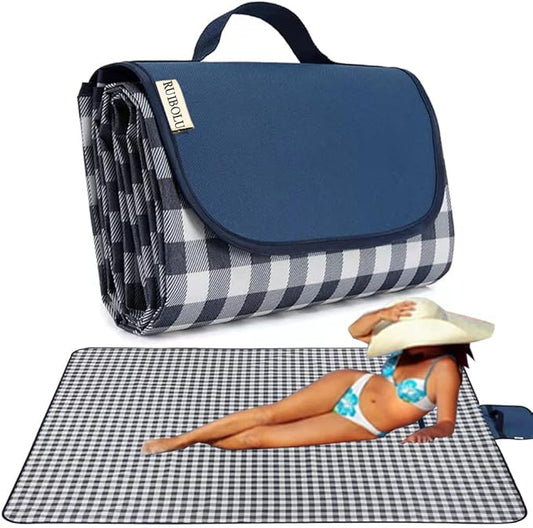 RUIBOLU Beach Blanket Large Picnic Blankets, 80x60in Sandproof Beach Mat for 2-4 Adults Waterproof Quick Drying Outdoor Picnic Mat for Travel Camping Hiking Festival Park Lawn (Dark Blue Plaids)