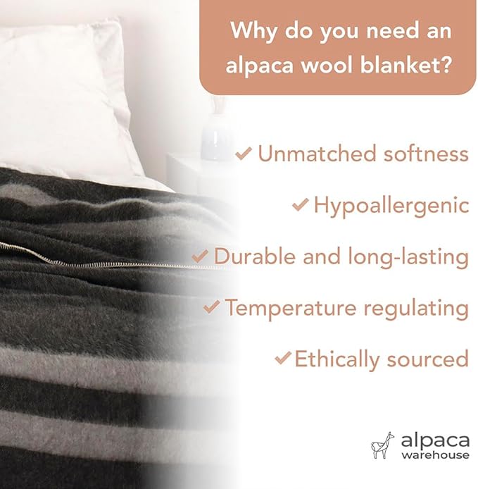 Thick Alpaca Wool Blanket Queen Size Heavyweight for Camping Outdoors or Using Indoors | Soft Peruvian Alpaca Wool Blankets (Beige - Ivory Stripes 2, Queen)