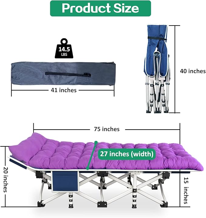 Camping Cot Cots for Sleeping with Mattress Cots for Camping for Adults with Camfortable Pad Heavy Duty Camping Bed with Carry Bag Folding Cot for Hiking Home Office Nap and Vacation