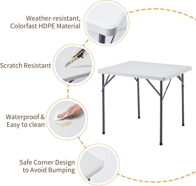 BOOSDEN 32 Inch Square Folding Table, Lightweight Folding Card Table, Indoor Outdoor Portable Utility Foldable Tables, Collapsible Legs Plastic Table for Puzzles Game Crafting Camping Picnic Party