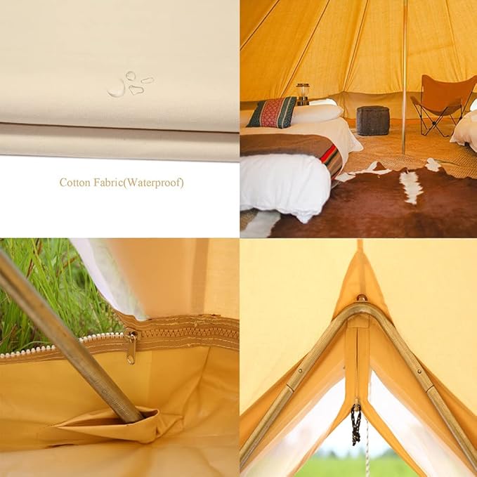 4 Season Waterproof Large Family Camping Cotton Canvas Bell Tent Beige Glamping Tent with Roof Stove Jack Hole and Electric Cable Hole (Diameter: 7M-22.97ft)