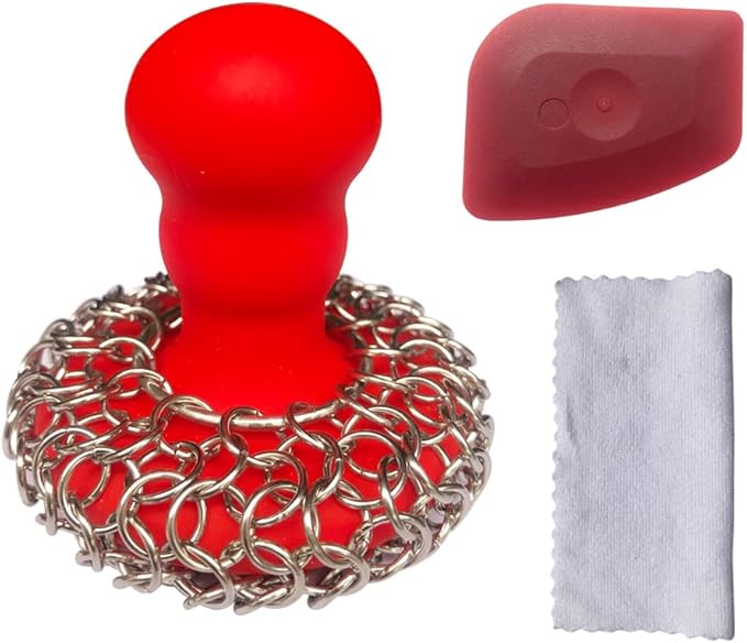 316 Upgraded Chainmail Scrubber with Silicone Handle Cast Iron Cleaner for Cast Iron Grill Pan Skillet Wok Bakeware Ergonomic to Hold Easy to Use Dishwasher Safe, Scrubber + Scraper + Towel (Red)
