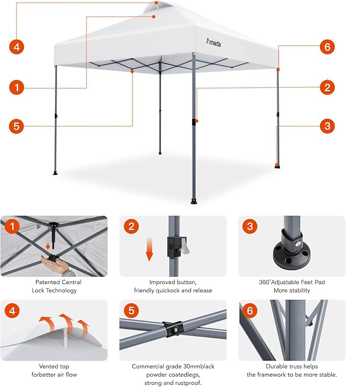 Amada 12x12 Pop Up Canopy - Center Lock One Push Instant Setup Gazebo Outdoor Canopy Beach Tent with STO-N-Go Bag 8 Stakes & 4 Sand Bags, 3-Height Adjustable Shade Shelter (12x12ft, White)