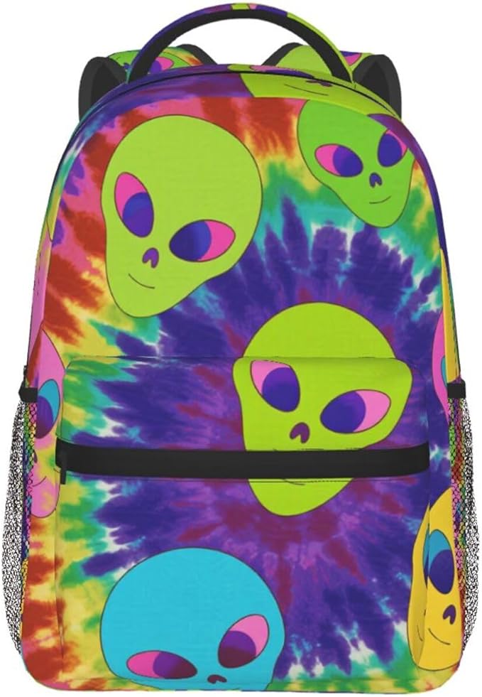 Lightweight Daypack Backpack for Trekking Work Running, Big Capacity Multipurpose Anti-Theft Bookbag, Colorful Alien Tie Dye Art Business Computer Bag