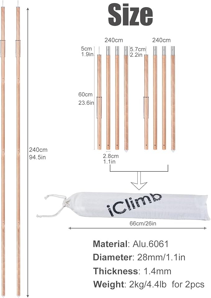 iClimb Strong Elegant Alu. Tarp Poles Set of 2 Height Adjustable with Lantern Hook and Carry Bag, Nature Color