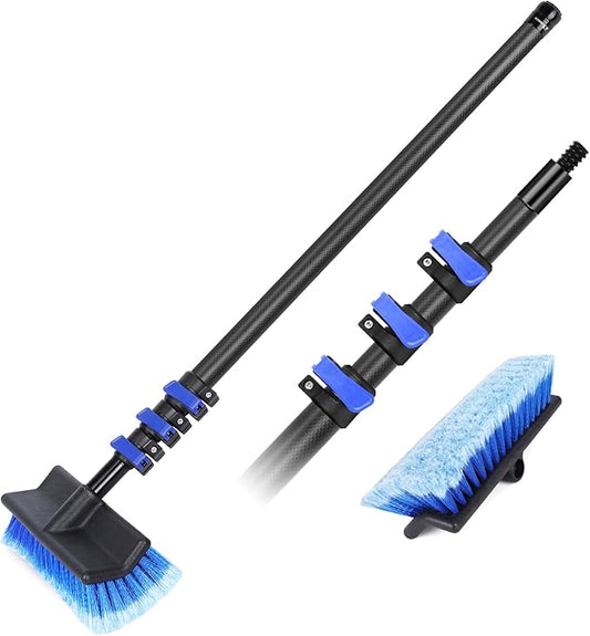 DOBEN 3.5-12FT Carbon Fiber Telescopic Extension Pole with Car Wash Brush Head, Bi-Level Soft Scrub Brush with Long Handle for RVs, Cars, Trucks, House Siding, Deck, Floors