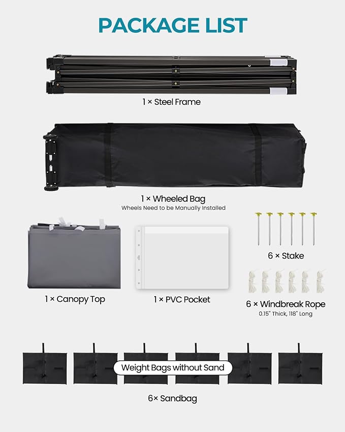 10x20 Canopy Tent with Roller Bag, Easy Up Pop Up Tent, 300D Silver-Coating Outdoor Shelter, 4 Stakes & 4Sandbags & 4 Ropes, Grey
