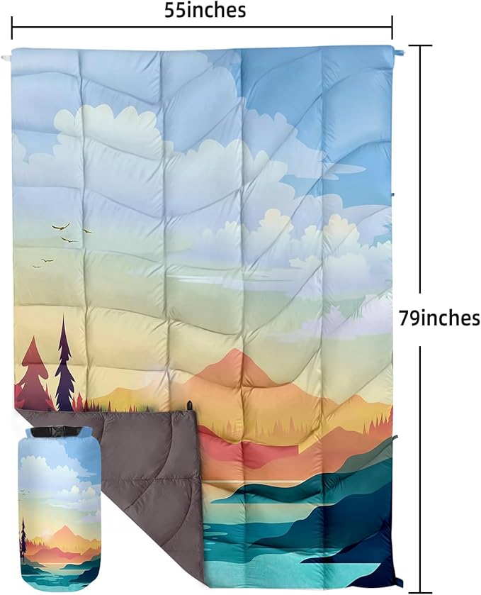 Outdoor Puffy Camping Blanket, Lightweight Down Alternative Puffy Printed Camping Large Ultra Warm Hammock Top Quilt Waterproof Blanket for Traveling Picnic Beach Party Cold Weather (Sunset)