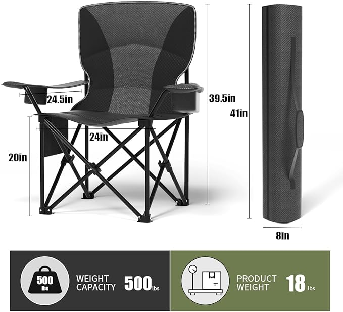 Heavy Duty Folding Chair 500LB Capacity, Oversized Camping Chairs with Cup Holder, Cooler Bag & Storage Pouch, Double-Layer Fabric, Outdoor Chairs for Sports, Lawn Chairs (2, Black Grey, Oversized)