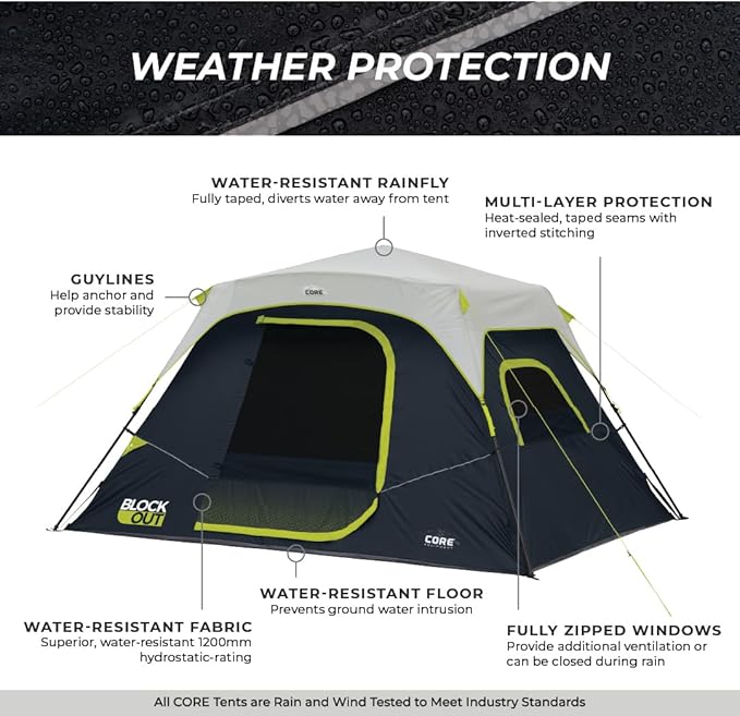 CORE Blackout 6 Person Instant Cabin Tent with Footprint and Tent Kit