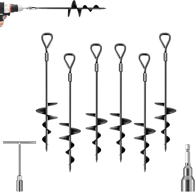 18.7" Ground Anchor, Heavy Duty Earth Anchors Swing Sets Anchor Kit with T-Handle Hex Wrench for Gazebo,Mobile Home,Camping Tent, Inflatable Castles, Sheds, Trampoline,Carports(Ring,6Pcs)