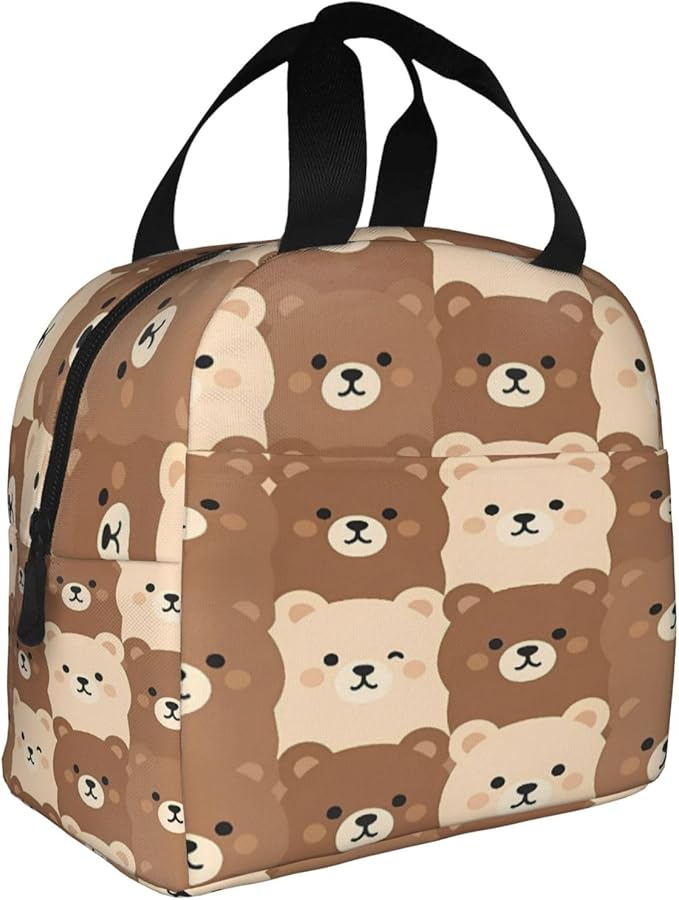 cute brown and beige bear faces Insulated Lunch Bag Oxford Cloth & Thick Foil Cooler Warmer Tote Waterproof Wear-Resistant with Front Pocket for Work Picnic Outdoor Travel