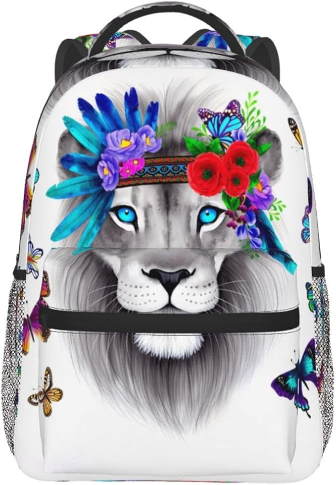 Daypack Backpack Multipurpose Anti-Theft Large Capacity Bookbag, Lion Flowers Floral Butterflies Art Travel Hiking Camping Rucksack With Adjustable Shoulder Straps