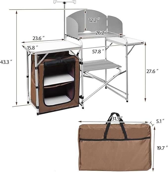 Camp Kitchen Table with Storage Organizer, Outdoor Cooking Table, Grill Tables for Outdoor,Portable Aluminum Windscreen Hooks for BBQ, Party (White)
