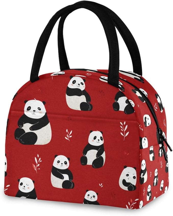 Kcldeci Kids Lunch Bag Insulated Lunch Box for Boys Girls Bear Panda on Red Reusable Toddler Leak-proof Lunchbox for School and Daycare