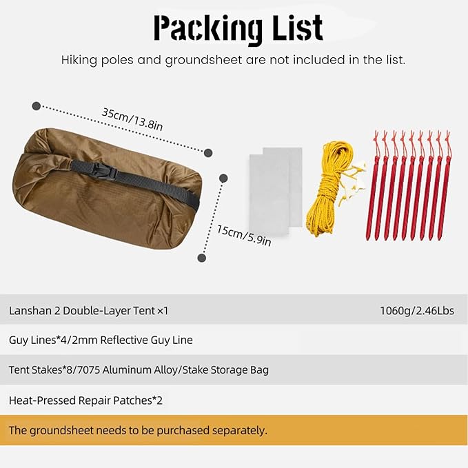3F UL GEAR Lanshan 2 Person Tent Hiking Ultralight Camping Tent Professional 15D Silnylon Rodless Trekking Pole Tent Waterproof Backpacking Outdoor for Camping, Bivvy