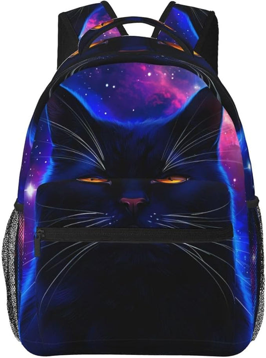 Backpack Anti-Theft Multipurpose Large Capacity Carry On Bag, Cosmic Black Cat Eye Flames Burning Starry Sky Camping Outdoor Backpack With Side Pockets
