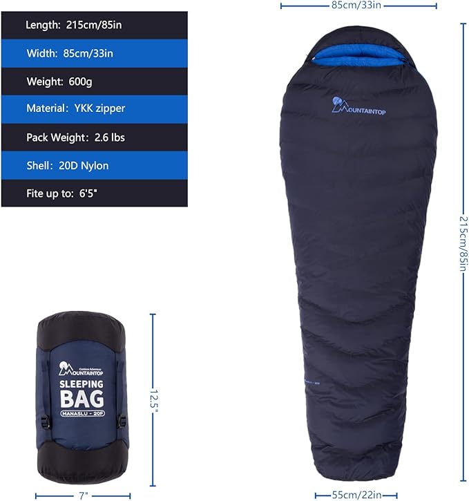 Mountaintop Ultralight Mummy Down Sleeping Bag 650 Fill Power Duck Down Suits for 32 Degree F for Camping Hiking Backpacking
