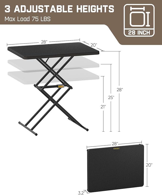 FanttikOutdoor Folding Table, One-Handed Height Adjustment, 3 Heights, Multi-Functional Small Folding Table 28 inch, TV Tray, Portable Dinner Table, No Assembly, 1 Pack, Black Zeta X1 Pro