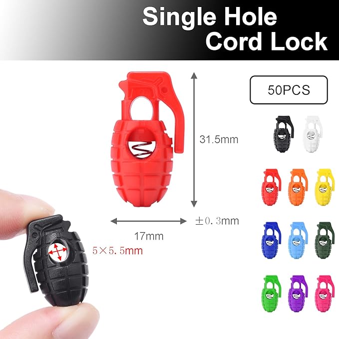50Pcs Assorted Color Plastic Spring Cord Lock for Shoelaces, Cord Stop Toggle Stoppers for Drawstring, Paracord Clip, Glove Elastic String Lock