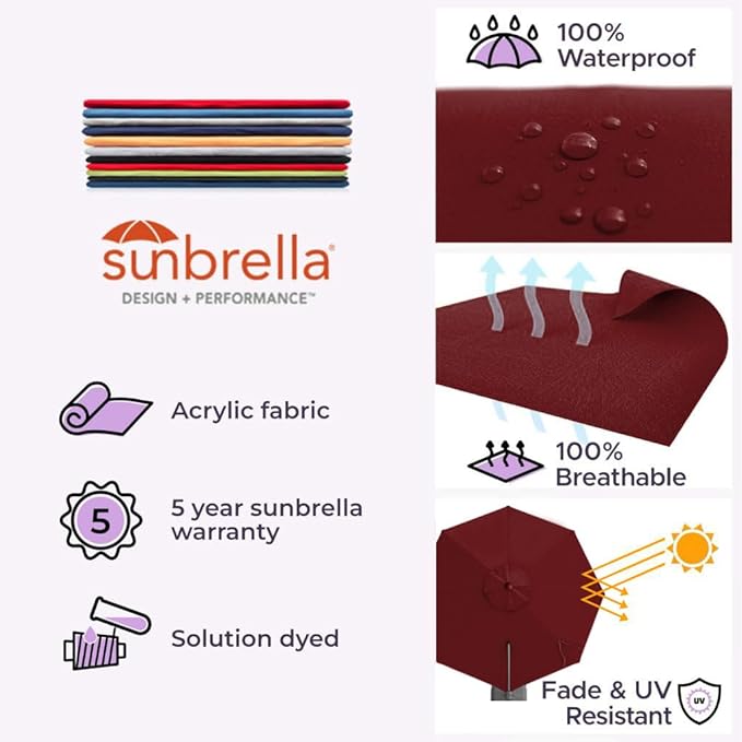 Midtown Umbrellas 10 Ft Outdoor Cantilever Patio Umbrella w/Sunbrella Burgundy Fabric - Tilt 360° Rotate Offset Patio Umbrella, Deck Patio Umbrella, Backyard Umbrella & Garden Umbrella - Silver Frame