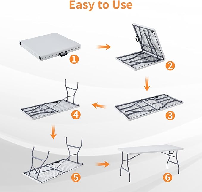 BOOSDEN 5 Foot Folding Table - Portable Plastic Fold-in-Half Utility Table With Carrying Handle for Indoor Outdoor Use - Picnic, Party, Camping, Banquet