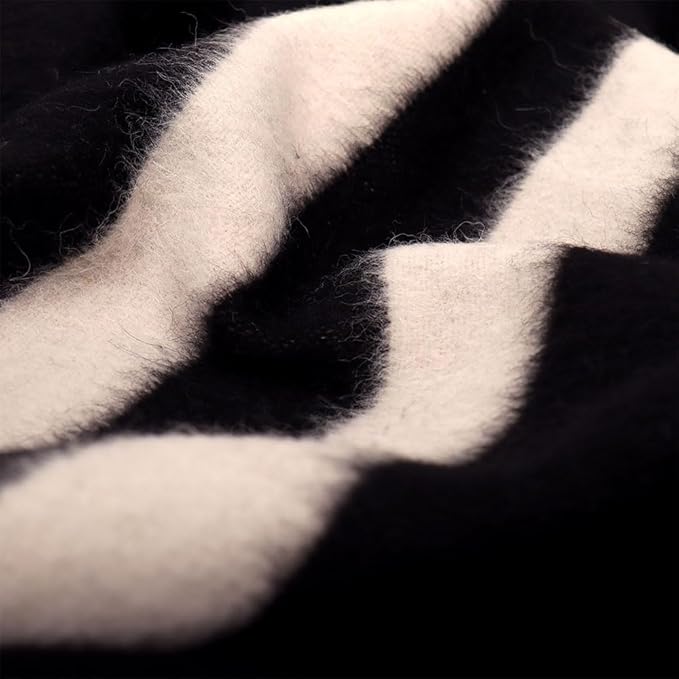 Thick Alpaca Wool Blanket Heavyweight for Camping Outdoors or Using Indoors | Soft Peruvian Alpaca Wool Blankets (Black - Ivory Stripes, Queen)