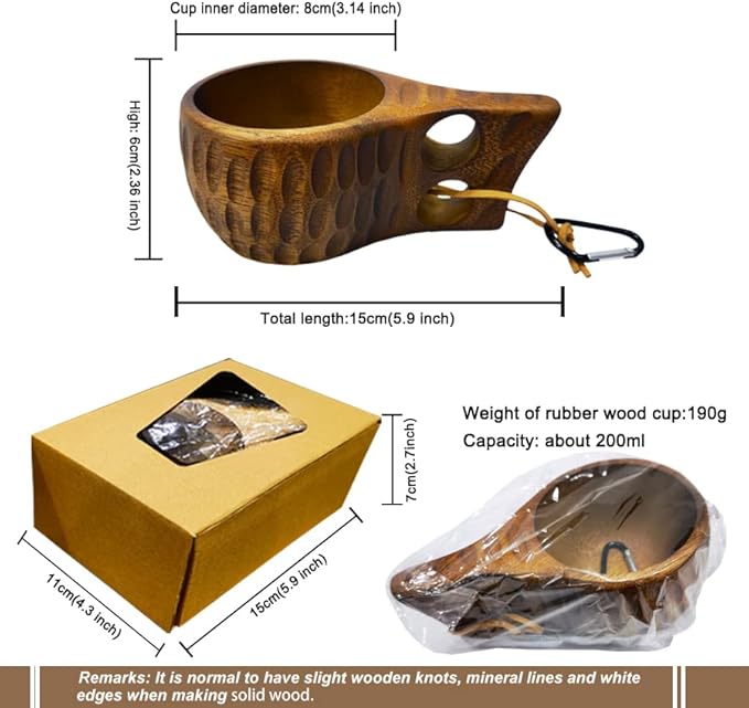 Sanrich Wooden Mug Kuksa Handcrafted Wood Camp Mug Survival Wood Cup Camping Cups & Mugs with Carabiner Leather Lanyard For Drinking Tea Coffee (8 ounces-Tortoiseshell-2 handle holes)