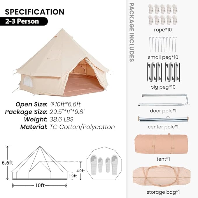 MC TOMOUNT Canvas Tent Bell Tent Yurt with Stove Jack Zipped Removable Floor for Glamping Truck Car Camping