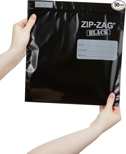 Zip Zag Bag Black (1/2 LB) 50x Large Zipper Bags (11" x 11.75") | Say Goodbye to Stale Herbs And Spices With Food Safe Zipper bags | Resealable, Reusable, Washable, Airtight Bags
