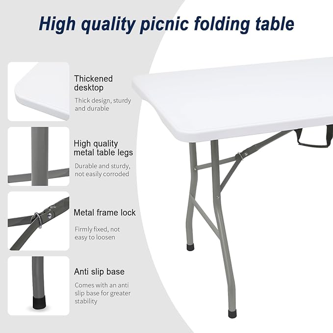 2 PCS 70.8" W X 29" D X 29" H - 6 ft White Folding Table White Portable Heavy Duty Plastic Fold-in-Half Utility Foldable Table for Camp，Picnic & Party