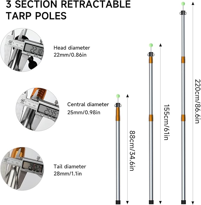 KOMCLUB Telescoping Tent Tarp Pole Adjustable Tarp Poles 3 Section Heavy Duty Canopy Poles Stainless Steel Portable Camping Poles 33"-86.61" for Hiking Car Canopy Awning 2Pcs Set (Gold)