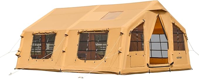 VEVOR Inflatable Tents for Camping, Easy Setup Blow up Tent with Hand Pump, 4 Season Glamping Tent with Stove Jack, Doors & Mesh Windows, Storage Bag Included for Easy Taking