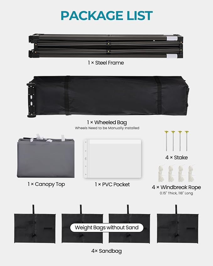 10x10 Pop Up Canopy with Wheeled Bag, Commercial Portable Canopy Tent, Easy Set Up, 4 Stakes & 4Sandbags & 4 Ropes, Waterproof Outdoor Shelter for Market, Parties, Grey