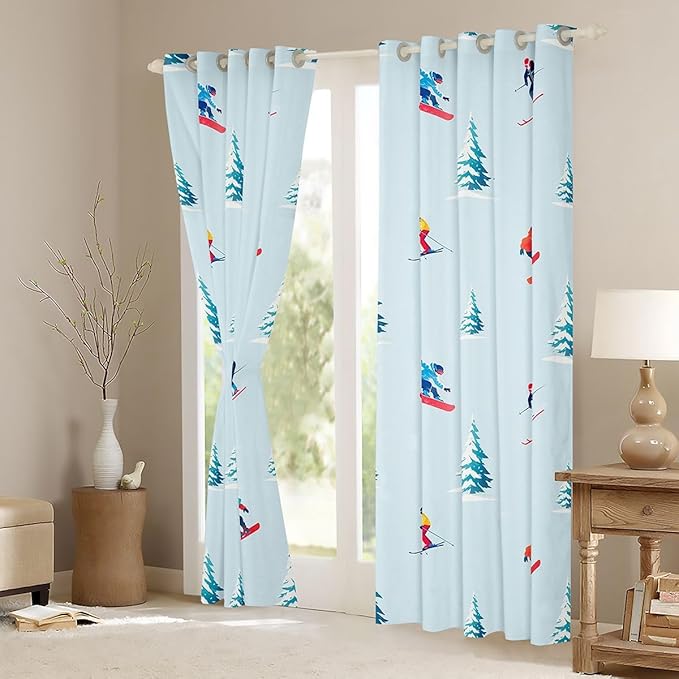 Manfei Skiing Boys Girls Room Decor,Ski Winter Extreme Sports Game Blackout Curtains,Mountain Snowboarding Pine Tree Nature Blackout Curtains,Blue 2 Panels,38Wx45L inch