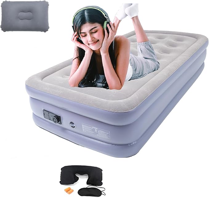 Twin Air Mattress Bed with Built in Pump,16 Inches High Airbed Inflatable Mattress,Comfort Thickened Blow Up Air Mattress,Travel Sleeping Pad for Guests Home (Twin Size)