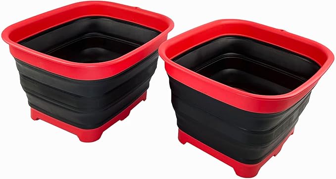 SAMMART 15L (3.9 Gallon) Collapsible Dishpan with Draining Plug - Foldable Washing Basin - Portable Dish Washing Tub - Camping & Space Saving Kitchen Storage Tray (Vermeil/Black (Set of 2))