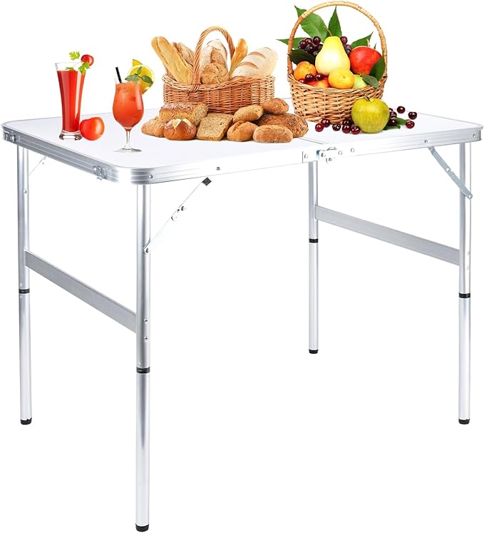 Folding Camping Table 3 Ft Portable Picnic Table Foldable 2 Height Adjustable Aluminum Camp Table Outdoor for Card BBQ White 35.5×23.6×26 inch