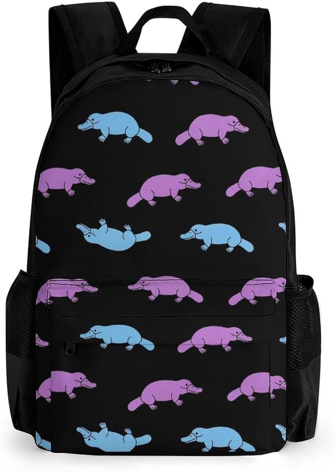 Men Women Lightweight Purple Platypus Cartoon Black Daypack Bookbag Big Capacity Carry On Bag With Side Pockets for Camping Travel Bicycle