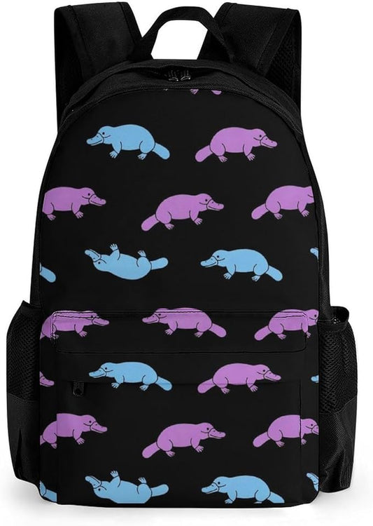 Men Women Lightweight Purple Platypus Cartoon Black Daypack Bookbag Big Capacity Carry On Bag With Side Pockets for Camping Travel Bicycle