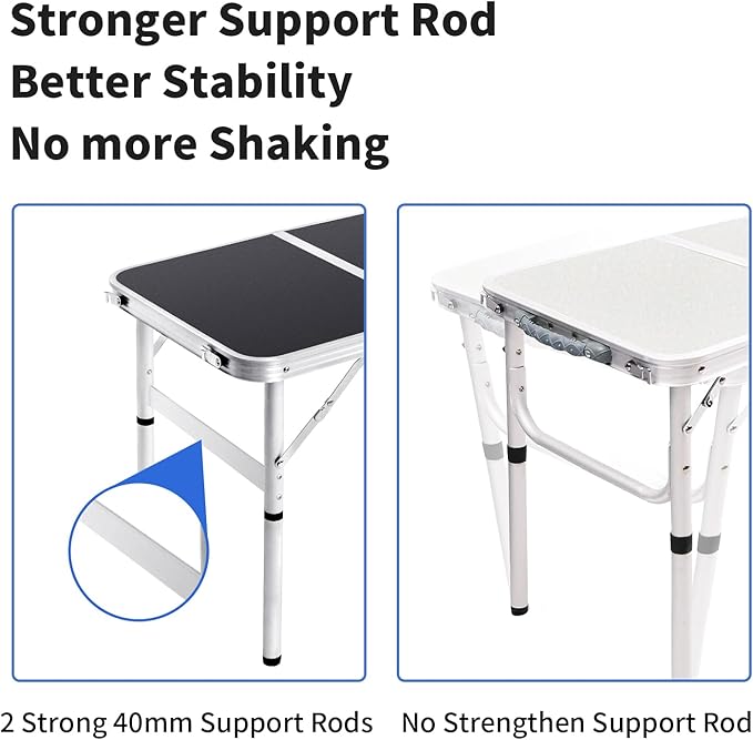 Small Folding Table 2FT Foldable Camping Table Portable Picnic Table Aluminum 2 Height Adjustable Outdoor Beach Card Black 23.6×15.7 inch