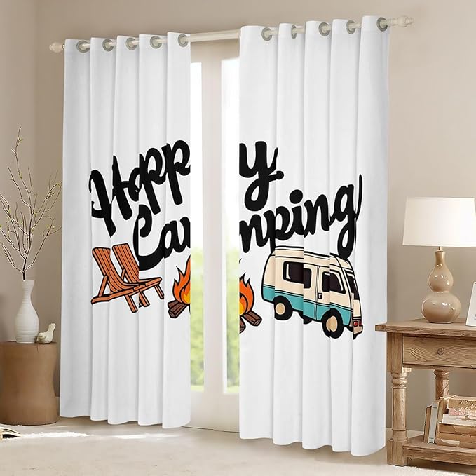 Erosebridal Cartoon Rv Camper Window Curtains 42" Wx90 L Happy Camping Blackout Curtains for Bedroom Living Room,Camping Adventure Window Treatments Outdoor Traveling Decor Drapes Decor 2 Panels