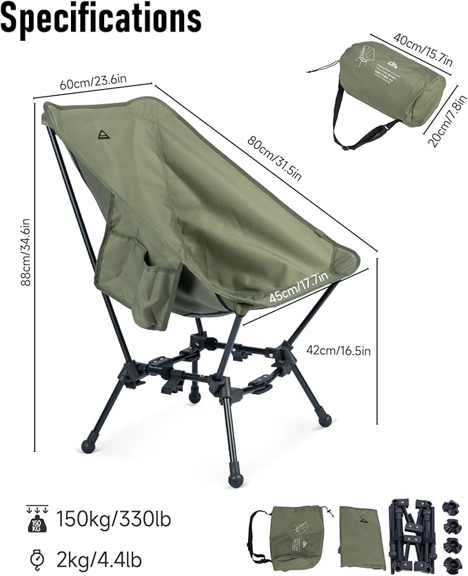 iClimb Two-Heights Light Compact Comfortable Camping Folding Beach Chair with Anti-Sinking Large Feet and Carry Bag