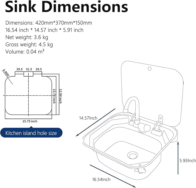 Portable RV Sink, 16.54×14.57×5.91 Inch Small Stainless Steel Bar Camping Sink with Folde Faucet and Tempered Glass Cover for Camper Trailer Caravan