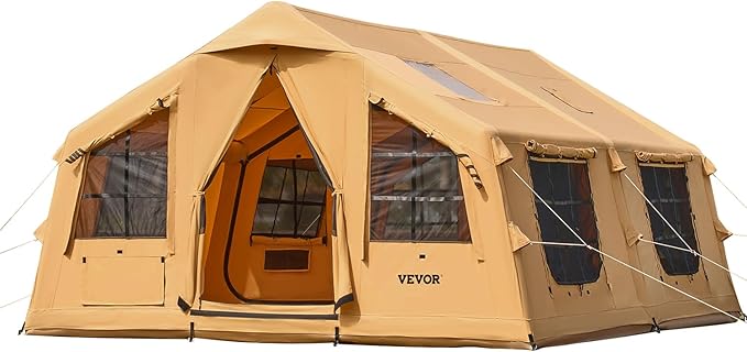 VEVOR Inflatable Tents for Camping, Easy Setup Blow up Tent with Hand Pump, 4 Season Glamping Tent with Stove Jack, Doors & Mesh Windows, Storage Bag Included for Easy Taking